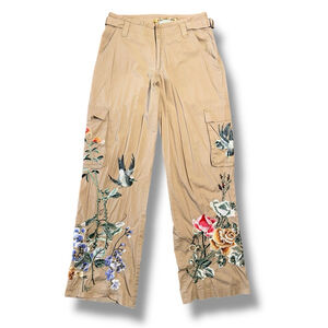 Johnny Was BIYA Tan Khaki 2 Cargo Mid-Rise Y2K Floral Embroidered Pants *READ*